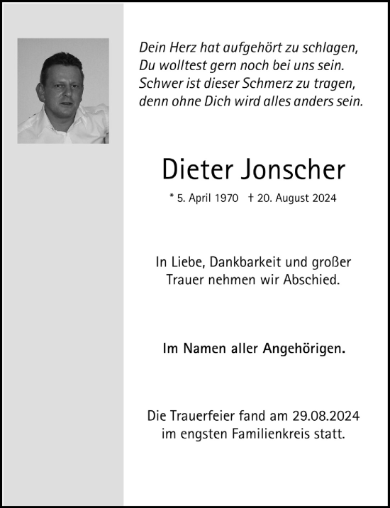 Anzeige von Dieter Jonscher von  Anzeigen Echo 