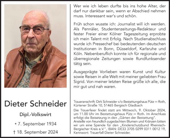 Anzeige von Dieter Schneider von Kölner Stadt-Anzeiger / Kölnische Rundschau / Express
