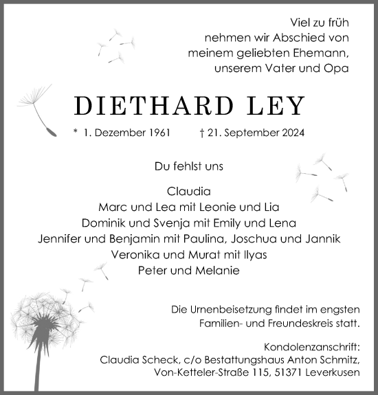Anzeige von Diethard Ley von Kölner Stadt-Anzeiger / Kölnische Rundschau / Express