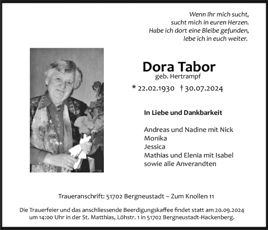 Anzeige von Dora Tabor von  Anzeigen Echo 