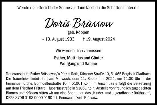 Anzeige von Doris Brüssow von Kölner Stadt-Anzeiger / Kölnische Rundschau / Express