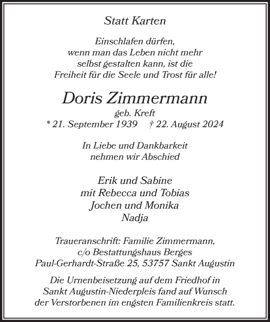 Anzeige von Doris Zimmermann von  Extra Blatt 