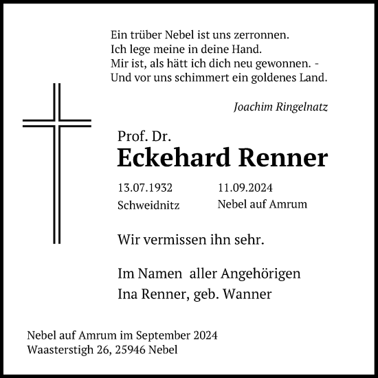 Anzeige von Eckehard Renner von Kölner Stadt-Anzeiger / Kölnische Rundschau / Express