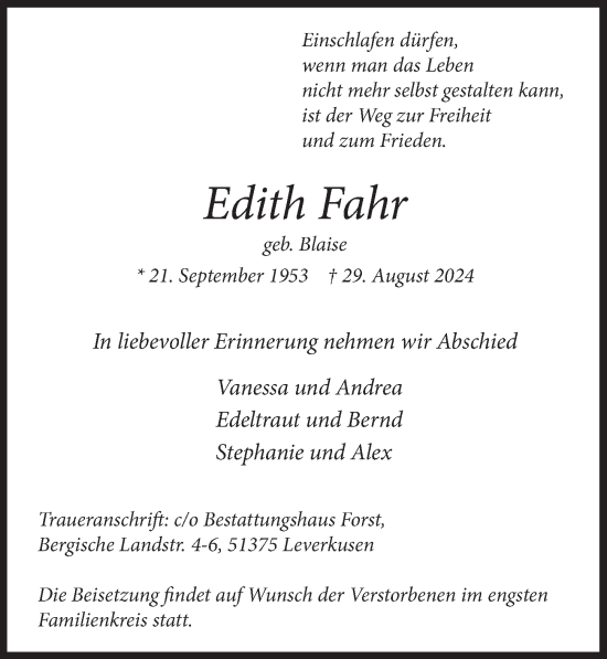 Anzeige von Edith Fahr von  Lokale Informationen 