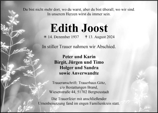 Anzeige von Edith Joost von  Anzeigen Echo 