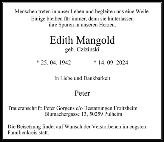 Anzeige von Edith Mangold von  Wochenende 