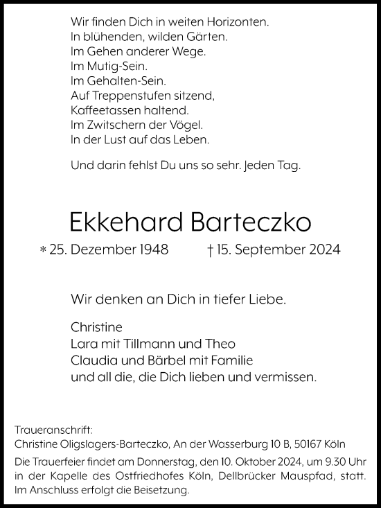 Anzeige von Ekkehard Barteczko von Kölner Stadt-Anzeiger / Kölnische Rundschau / Express