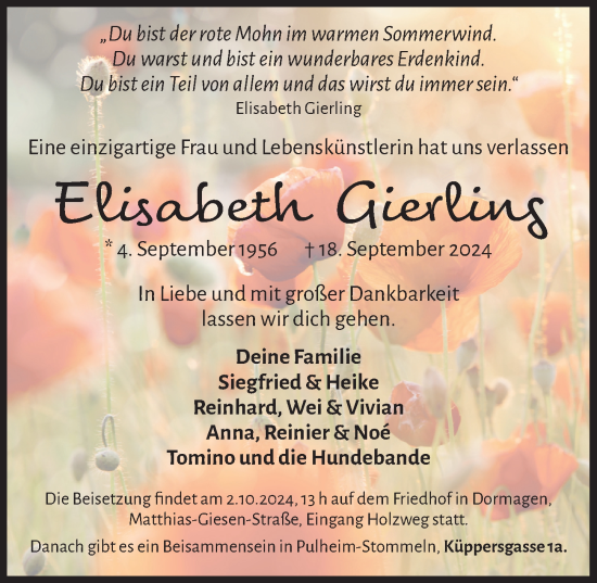 Anzeige von Elisabeth Gierling von  Wochenende 
