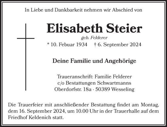 Anzeige von Elisabeth Steier von  Schlossbote/Werbekurier 