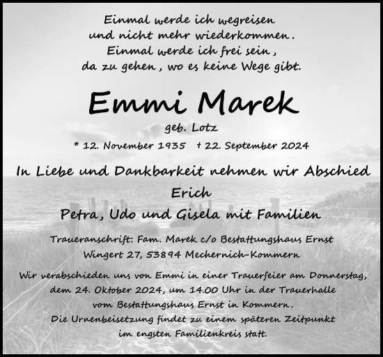 Anzeige von Emmi Marek von  Blickpunkt Euskirchen 