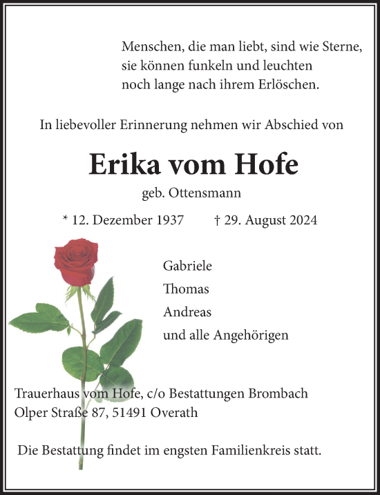 Anzeige von Erika vom Hofe von  Bergisches Handelsblatt 
