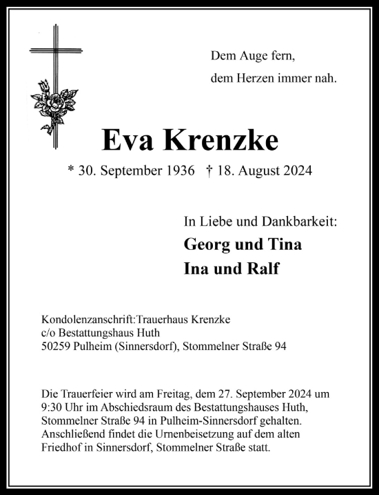Anzeige von Eva Krenzke von  Wochenende 