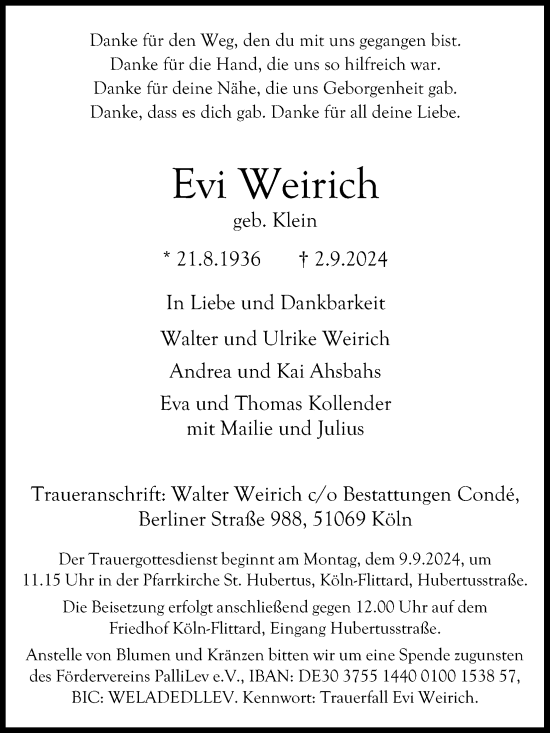 Anzeige von Evi Weirich von Kölner Stadt-Anzeiger / Kölnische Rundschau / Express