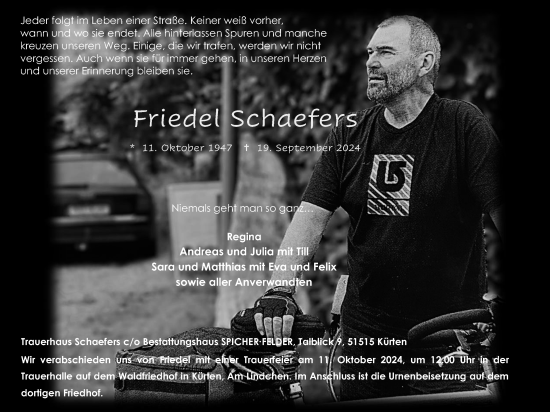 Anzeige von Friedel Schaefers von Kölner Stadt-Anzeiger / Kölnische Rundschau / Express