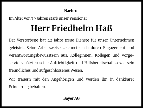 Anzeige von Friedhelm Haß von Kölner Stadt-Anzeiger / Kölnische Rundschau / Express