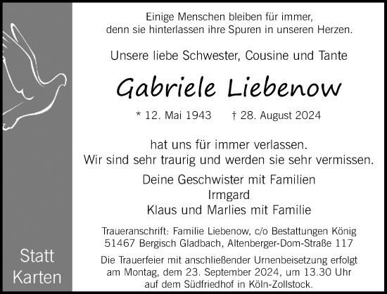 Anzeige von Gabriele Liebenow von Kölner Stadt-Anzeiger / Kölnische Rundschau / Express