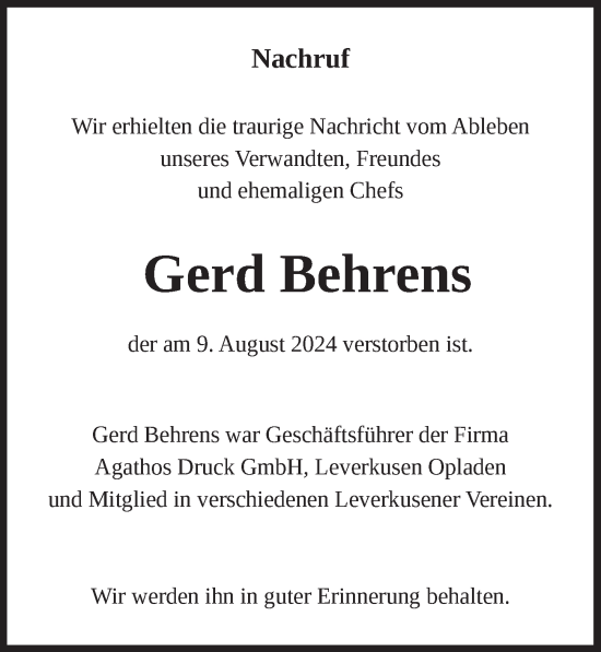 Anzeige von Gerd Behrens von  Lokale Informationen 