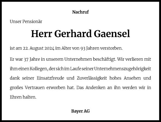 Anzeige von Gerhard Gaensel von Kölner Stadt-Anzeiger / Kölnische Rundschau / Express