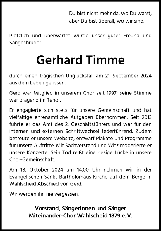 Anzeige von Gerhard Timme von Kölner Stadt-Anzeiger / Kölnische Rundschau / Express