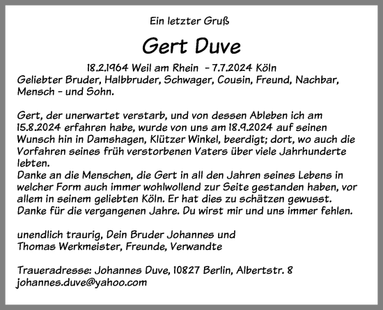 Anzeige von Gert Duve von Kölner Stadt-Anzeiger / Kölnische Rundschau / Express