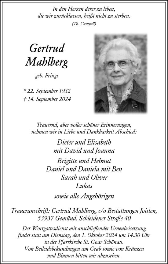 Anzeige von Gertrud Mahlberg von  Blickpunkt Euskirchen 