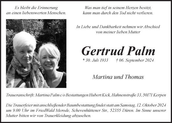 Anzeige von Gertrud Palm von  Werbepost 