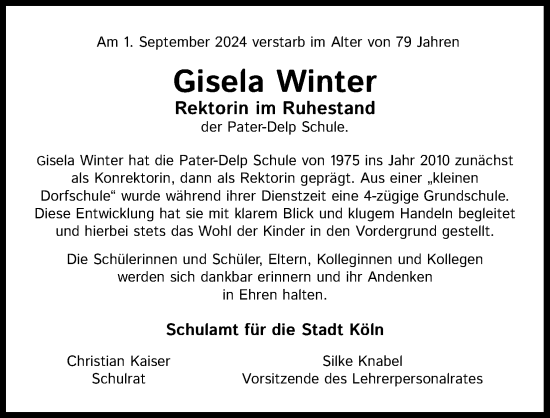 Anzeige von Gisela Winter von Kölner Stadt-Anzeiger / Kölnische Rundschau / Express