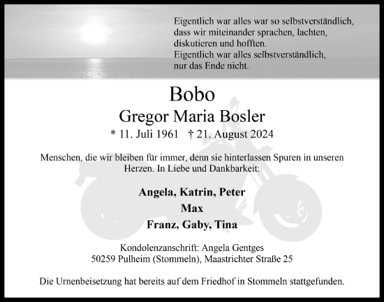 Anzeige von Gregor Maria Bosler von  Wochenende 