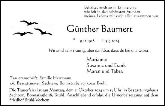 Anzeige von Günther Baumert von  Schlossbote/Werbekurier 
