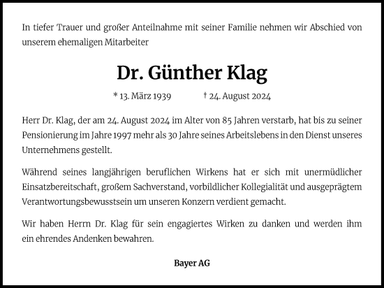 Anzeige von Günther Klag von Kölner Stadt-Anzeiger / Kölnische Rundschau / Express