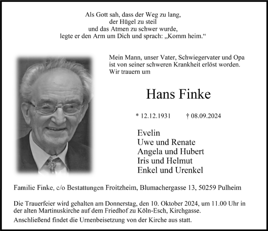 Anzeige von Hans Finke von  Wochenende 