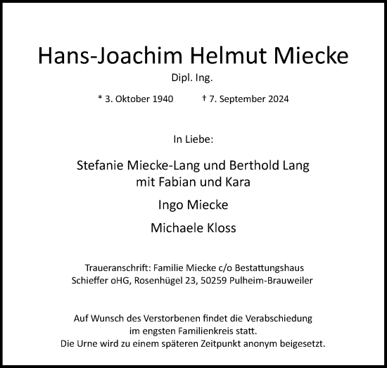 Anzeige von Hans-Joachim  Miecke von Kölner Stadt-Anzeiger / Kölnische Rundschau / Express