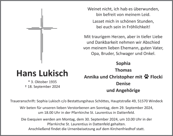 Anzeige von Hans Lukisch von  Lokalanzeiger 