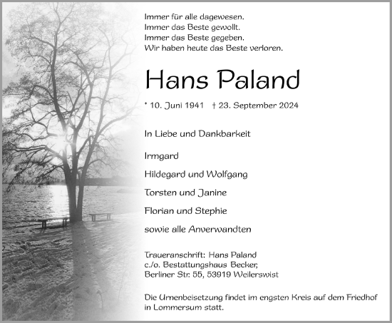 Anzeige von Hans Paland von  Blickpunkt Euskirchen 