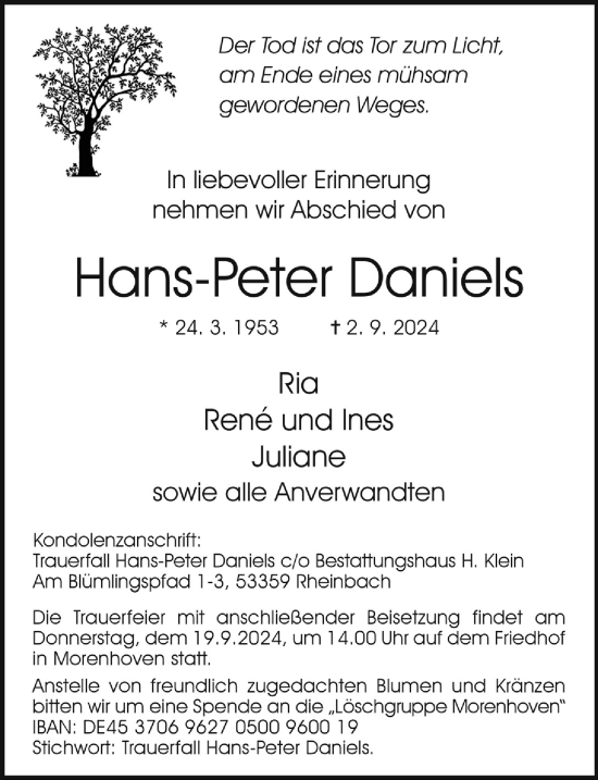 Anzeige von Hans-Peter Daniels von  Schaufenster/Blickpunkt 