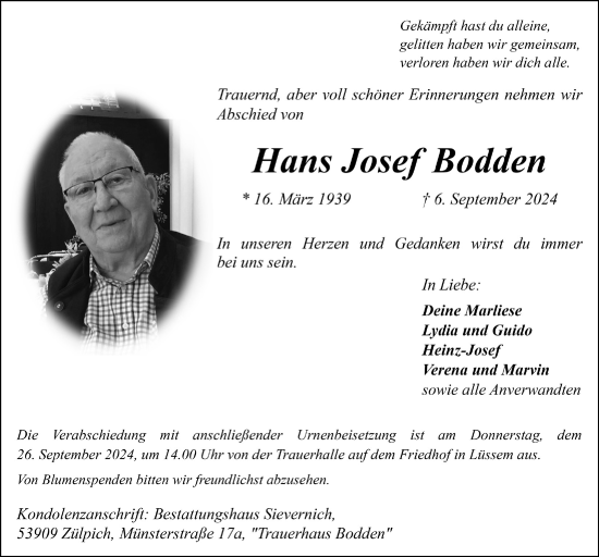 Anzeige von Hans Josef Bodden von  Blickpunkt Euskirchen 