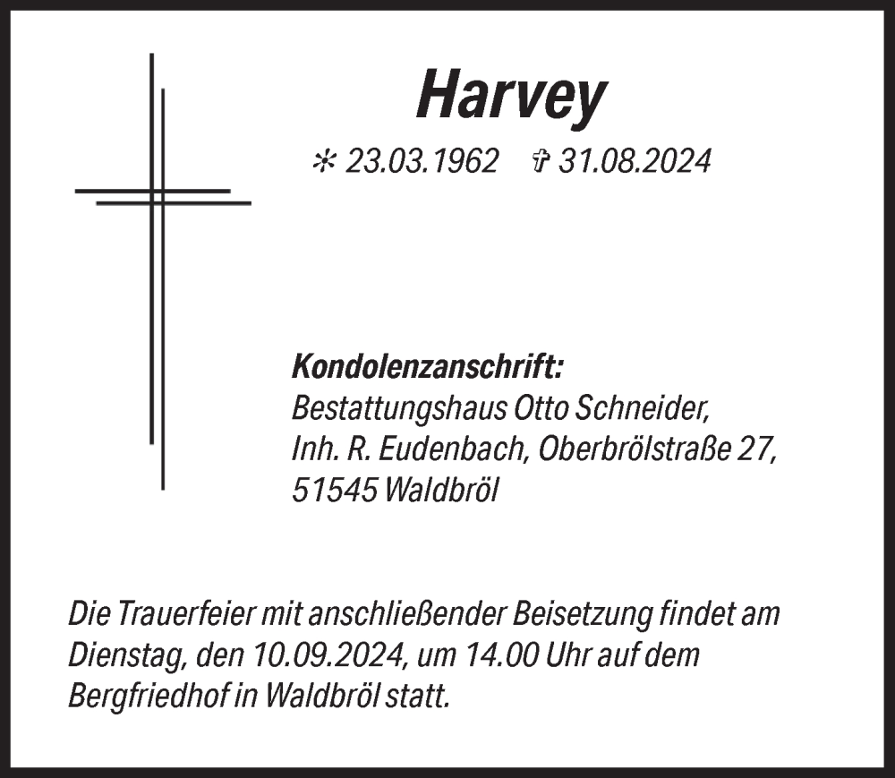  Traueranzeige für Harvey  vom 06.09.2024 aus  Lokalanzeiger 