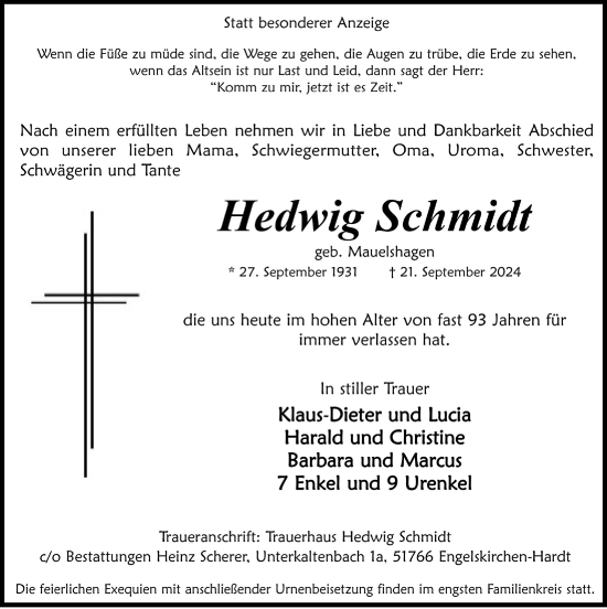 Anzeige von Hedwig Schmidt von  Anzeigen Echo 