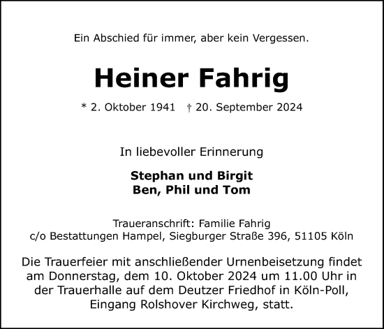 Anzeige von Heiner Fahrig von Kölner Stadt-Anzeiger / Kölnische Rundschau / Express
