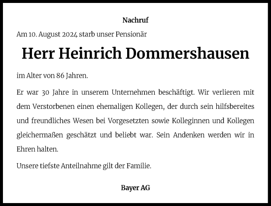 Anzeige von Heinrich Dommershausen von Kölner Stadt-Anzeiger / Kölnische Rundschau / Express