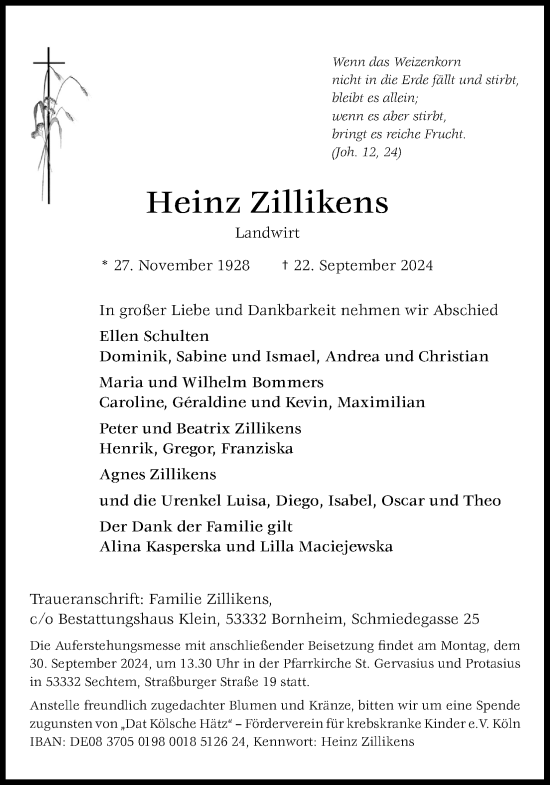 Anzeige von Heinz Zillikens von Kölner Stadt-Anzeiger / Kölnische Rundschau / Express