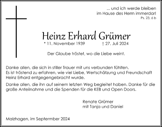 Anzeige von Heinz Erhard Grümer von  Lokalanzeiger 