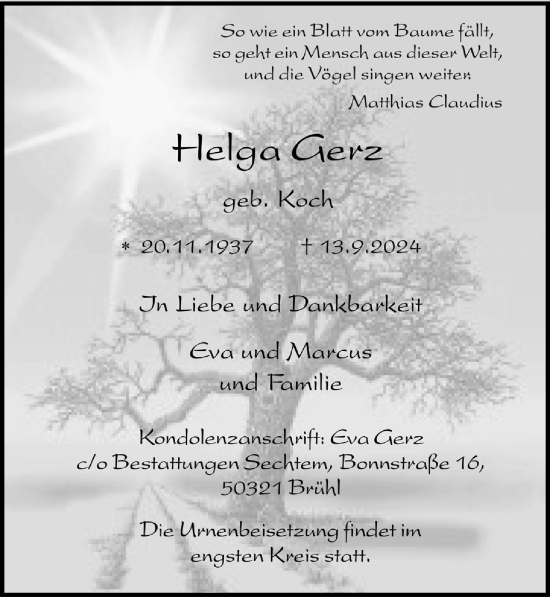 Anzeige von Helga Gerz von  Schlossbote/Werbekurier 