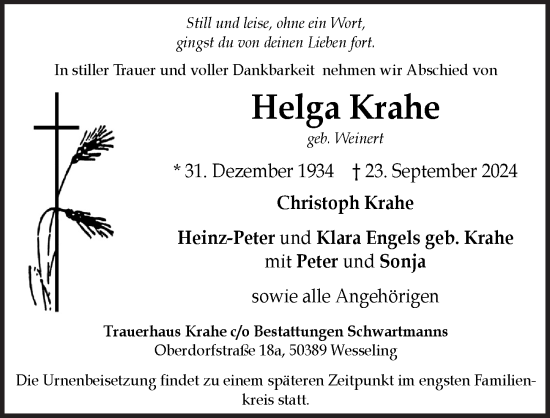 Anzeige von Helga Krahe von  Schlossbote/Werbekurier 
