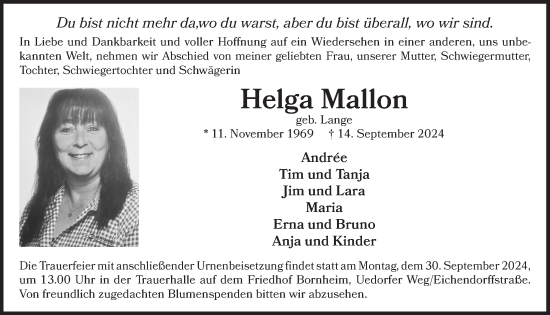 Anzeige von Helga Mallon von  Schlossbote/Werbekurier 