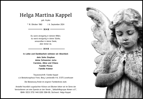 Anzeige von Helga Martina Kappel von Kölner Stadt-Anzeiger / Kölnische Rundschau / Express