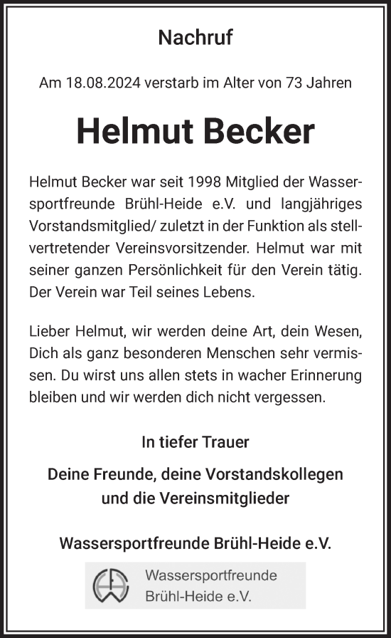 Anzeige von Helmut Becker von  Schlossbote/Werbekurier 