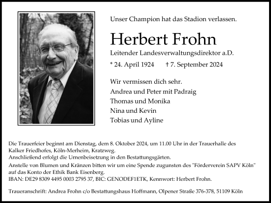 Anzeige von Herbert Frohn von Kölner Stadt-Anzeiger / Kölnische Rundschau / Express
