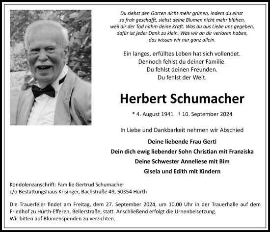 Anzeige von Herbert Schumacher von  Wochenende 