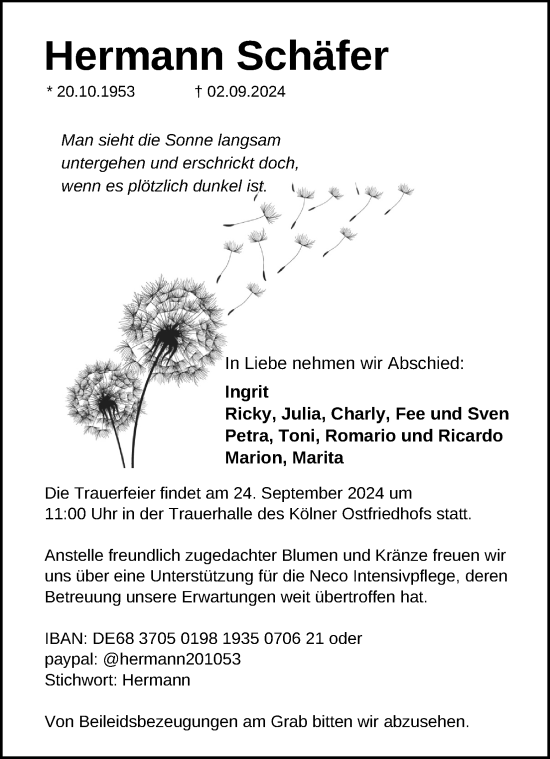 Anzeige von Hermann Schäfer von Kölner Stadt-Anzeiger / Kölnische Rundschau / Express